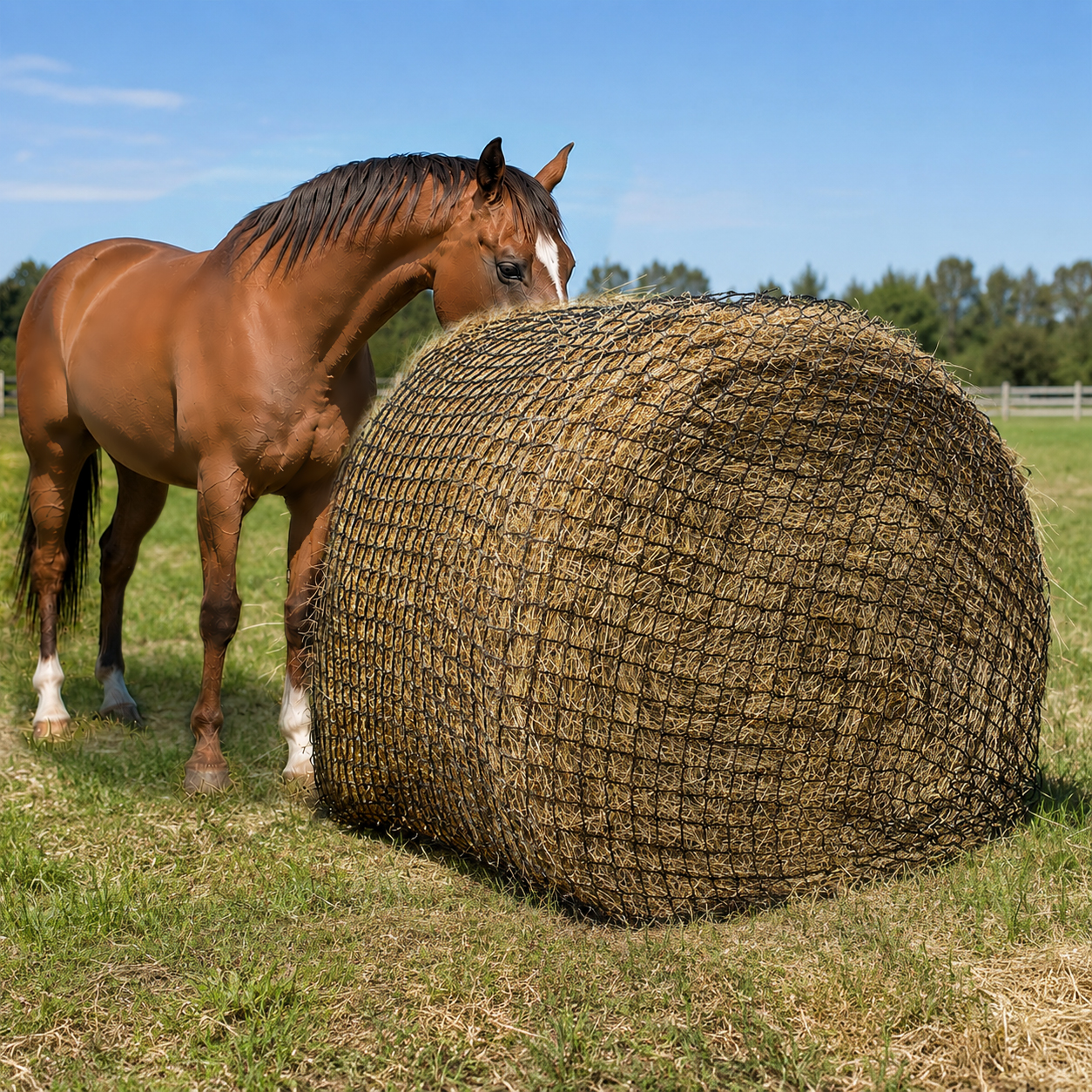 Large slow feed hay net on a hay bale